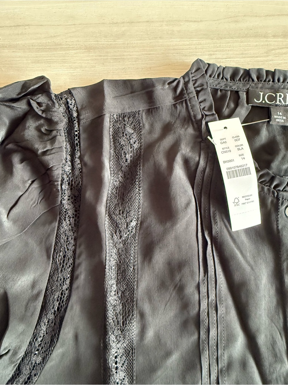 J. Crew Lace-trim Pintuck Top Black Medium NWT IN PACKAGE - Picture 8 of 9